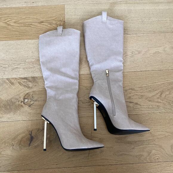Pretty Little Thing Faux Leather Metal Heeled Boots in Cream - Picture 1 of 7